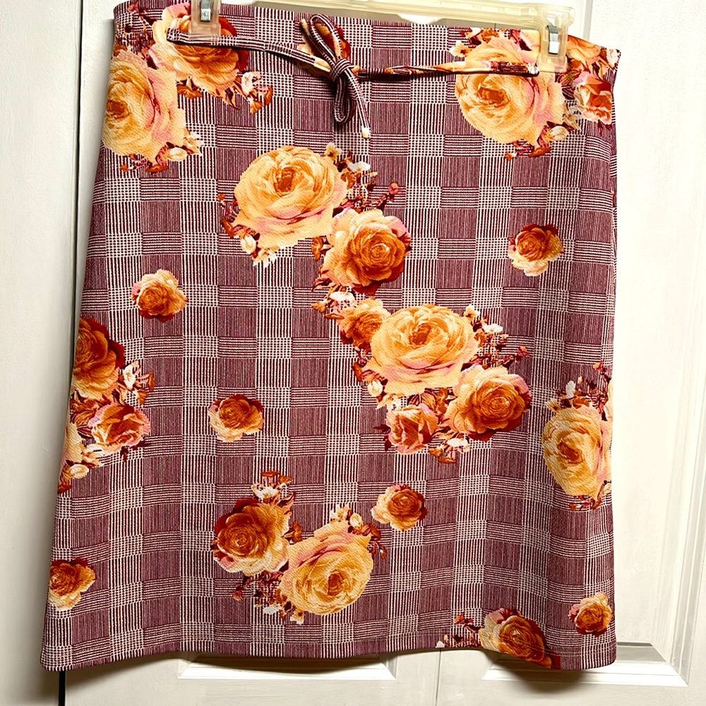 Cash Red White Plaid Pink Rose Print Pull Up Pencil Skirt Size 1X
